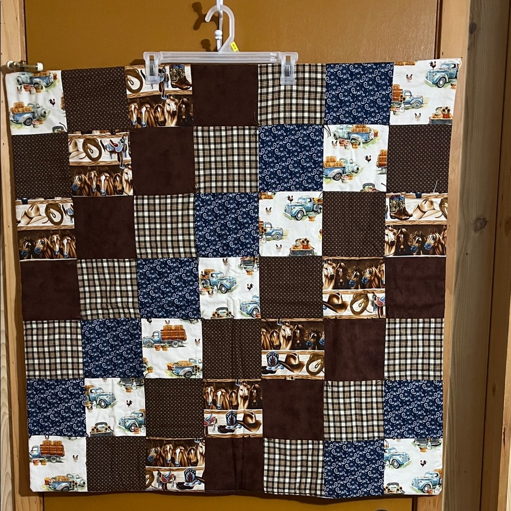 Handmade Patchwork Crib or Lap Quilt in Brown & Blue